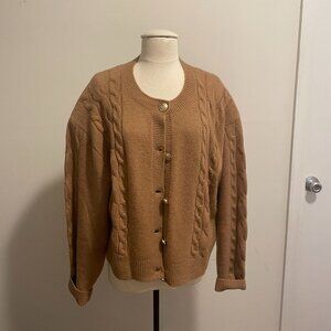 J. CREW Cable Knit Cropped Camel Cardigan Sweater Gold Buttons Wool Size XL